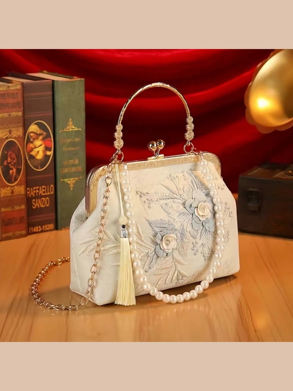 Vintage Inspired Floral Embroidery Clutch Bag With Detachable Shoulder Strap NEW